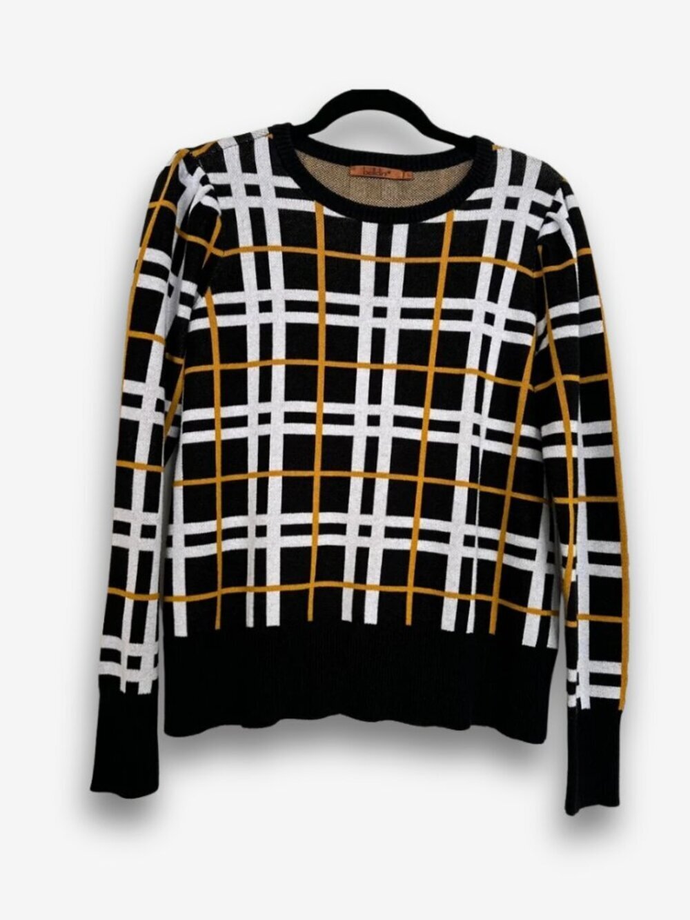 Belldini Black Plaid Knit Sweater Size L Windowpane Grid Mustard Accent Preppy